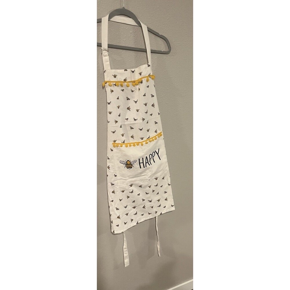 Full Kitchen Apron w/ Bumble Bee Theme Front Pocket And Pom-Pom Rick-Rack Trim